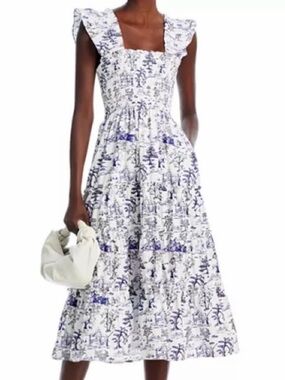 AQUA Smocked Square-Neck Midi Dress in White and Blue Toile